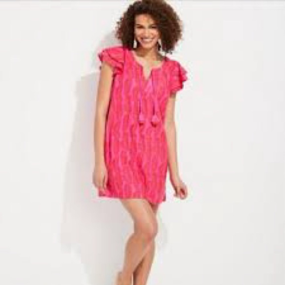 Vineyard Vines Pink raspberry rose embroidered palm vineyard tunic dress tassel